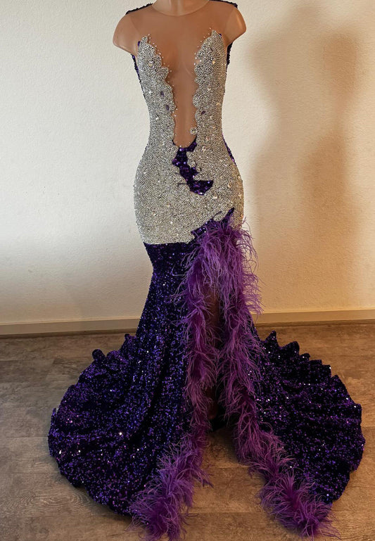 V-Neck Sleeveless Beaded Feathered Sequins Mermaid Prom Dress for Black Girls