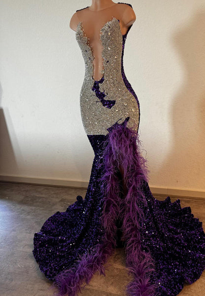V-Neck Sleeveless Beaded Feathered Sequins Mermaid Prom Dress for Black Girls