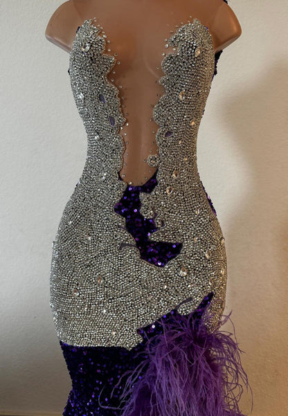 V-Neck Sleeveless Beaded Feathered Sequins Mermaid Prom Dress for Black Girls