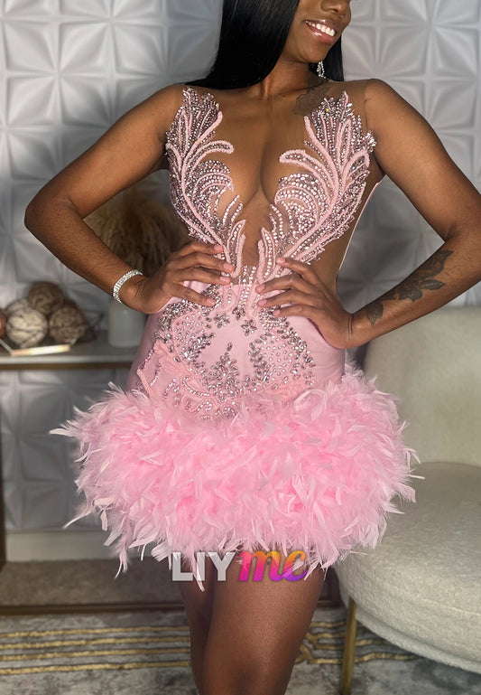 V-Neck Sleeveless Beaded Feathered Sheath Homecoming Dress