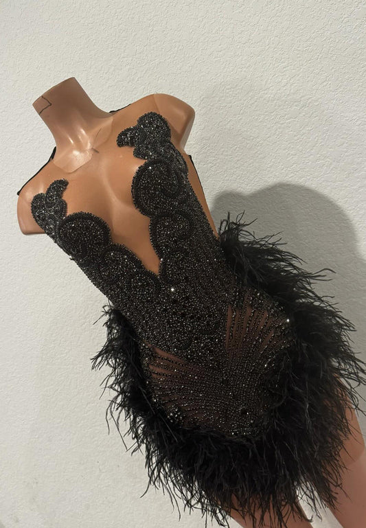 V-Neck Sleeveless Beaded Feathered Sparkly Short Prom Dress for Black Girls