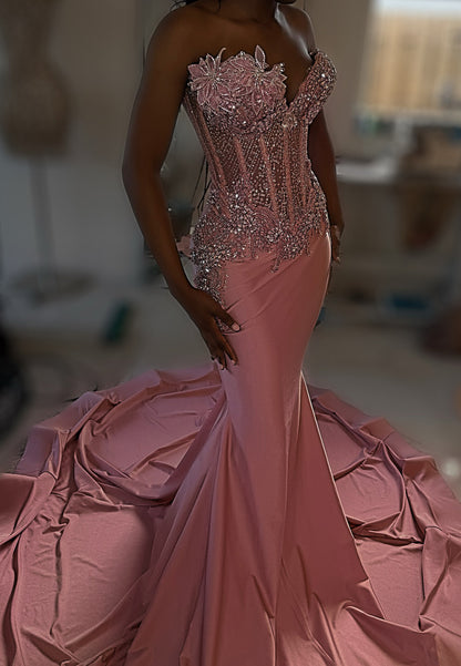 V-Neck Sleeveless Beaded Floral Mermaid Sparkly Prom Dress for Black Girls