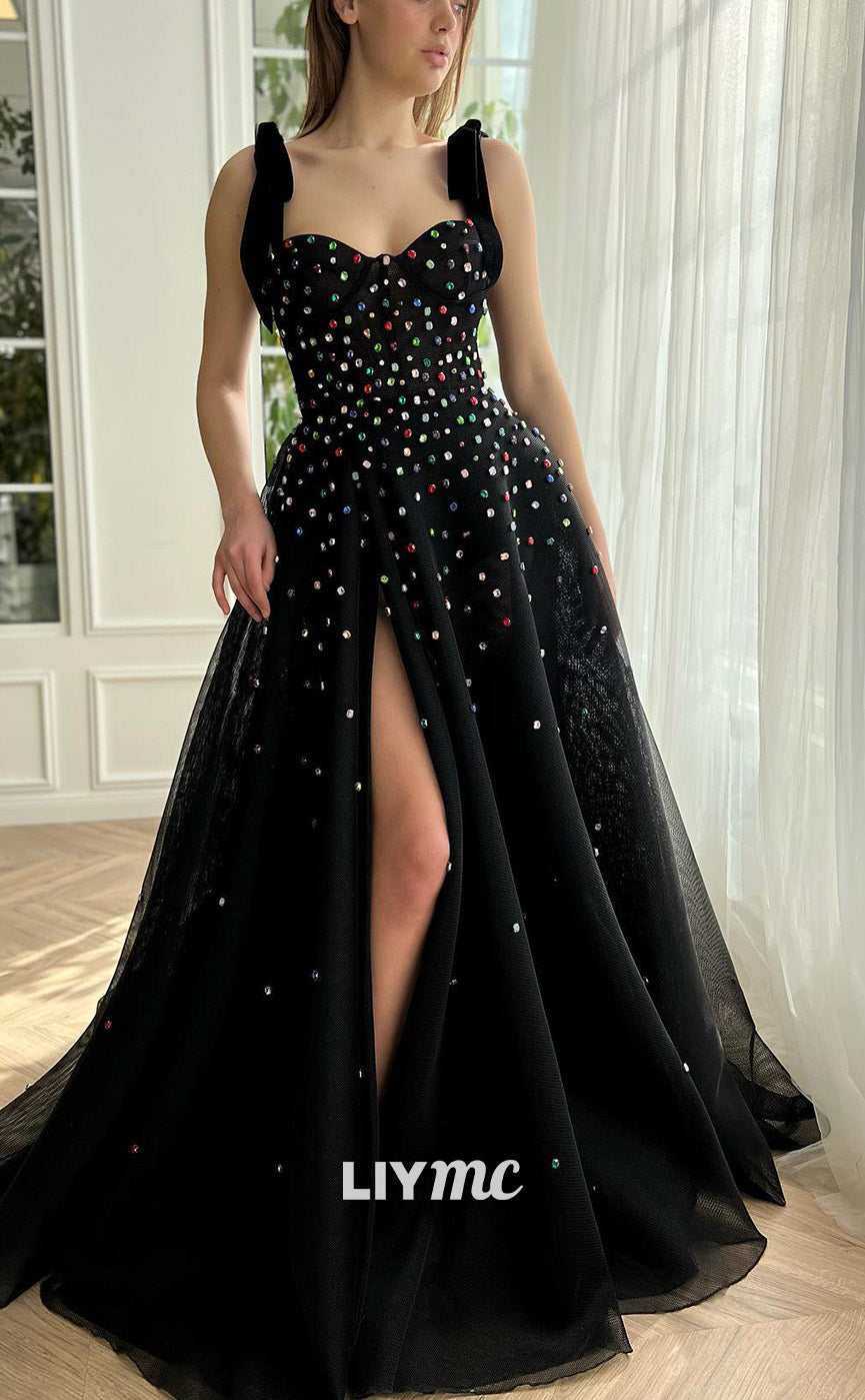 LP2192 - V-Neck Sleeveless Beaded High Slit A-Line Prom Dress