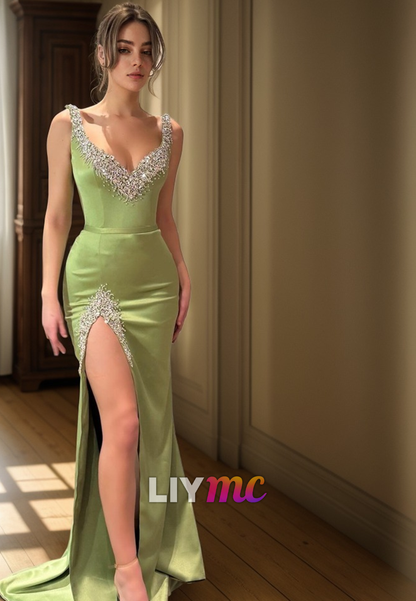 LP2271 - V-Neck Sleeveless Beaded High Slit Sleek Satin Sheath Prom Dress