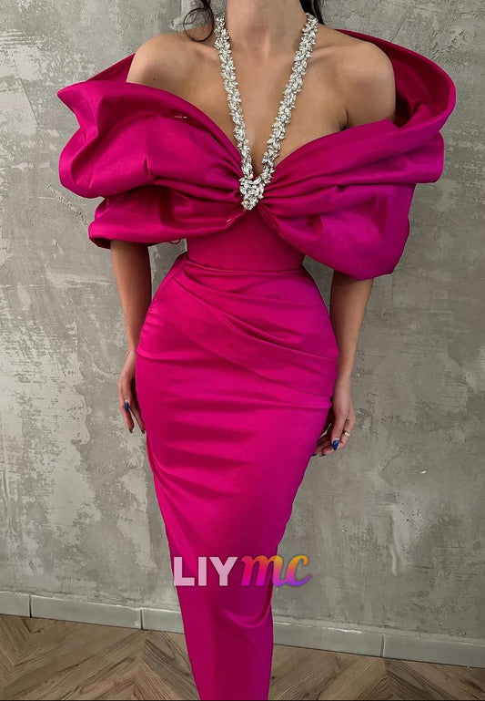 V-Neck Sleeveless Beaded Mermaid Evening Dress