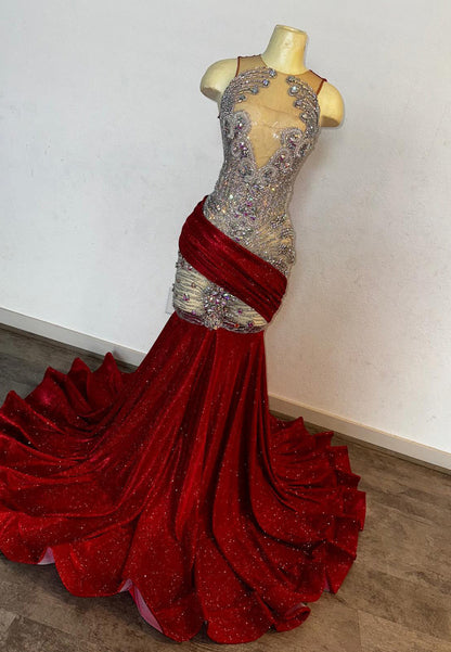 V-Neck Sleeveless Beaded Pleated Mermaid Prom Dress for Black Girls