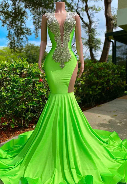 V-Neck Sleeveless Beaded Pleated Mermaid Prom Dress for Black Girls
