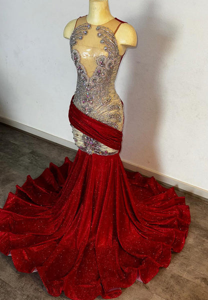 V-Neck Sleeveless Beaded Pleated Mermaid Prom Dress for Black Girls