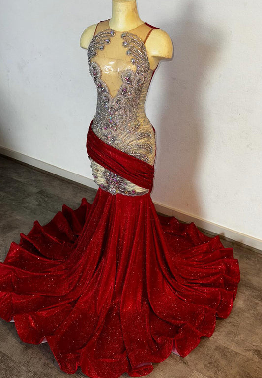 V-Neck Sleeveless Beaded Pleated Mermaid Prom Dress for Black Girls