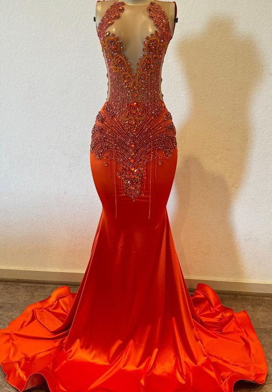 V-Neck Sleeveless Beaded Pleated Mermaid Prom Dress for Black Girls