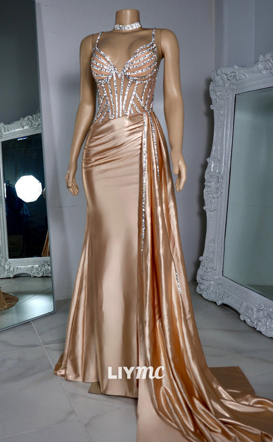 LP2216 - V-Neck Sleeveless Beaded Ruched Mermaid Prom Dress