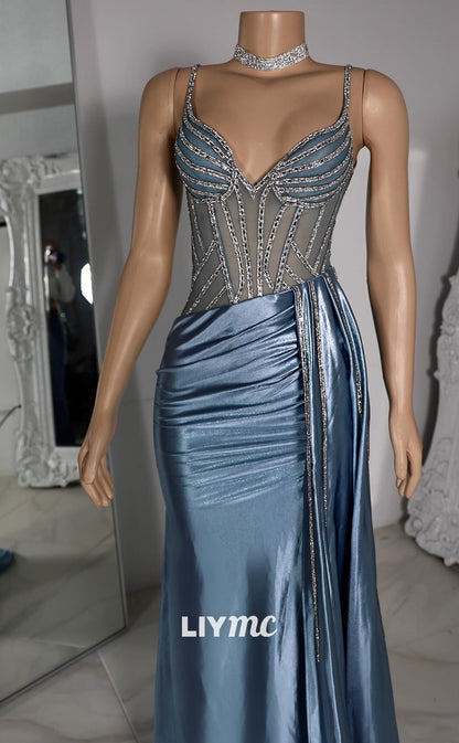 LP2207 - V-Neck Sleeveless Beaded Ruched Sheath Prom Dress for Black Girls