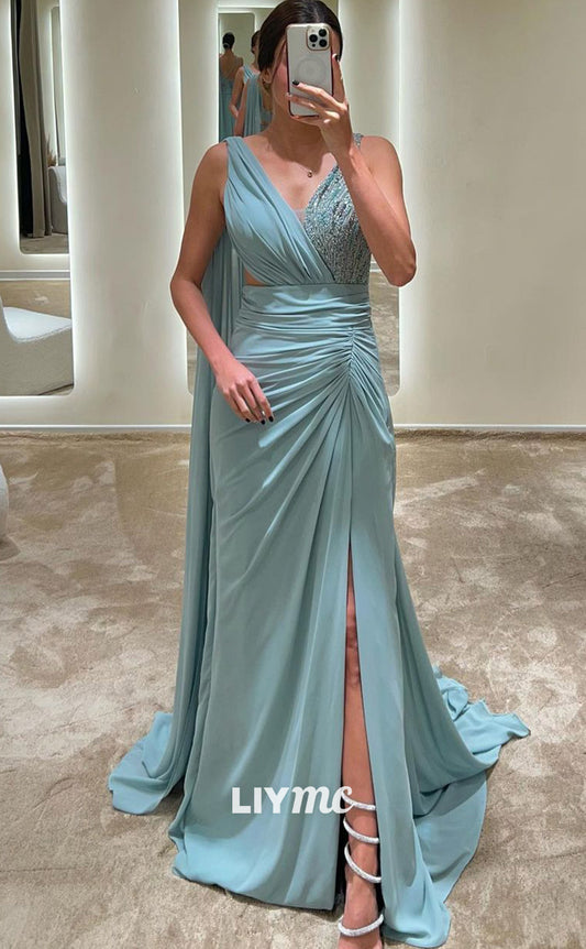 LP1838 - V-Neck Sleeveless Beaded Ruched Side Slit Sleek Satin Sheath Prom Dress