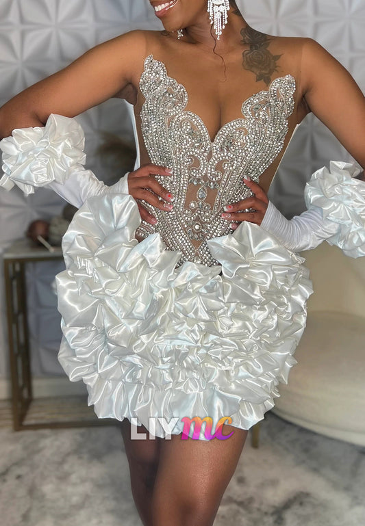 V-Neck Sleeveless Beaded Ruffled A-Line Homecoming Dress