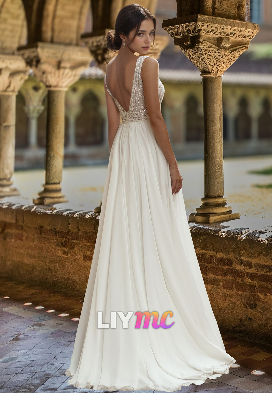 V-Neck Sleeveless Beaded Sequins A-Line Beach Wedding Dress