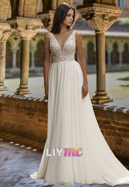 V-Neck Sleeveless Beaded Sequins A-Line Beach Wedding Dress