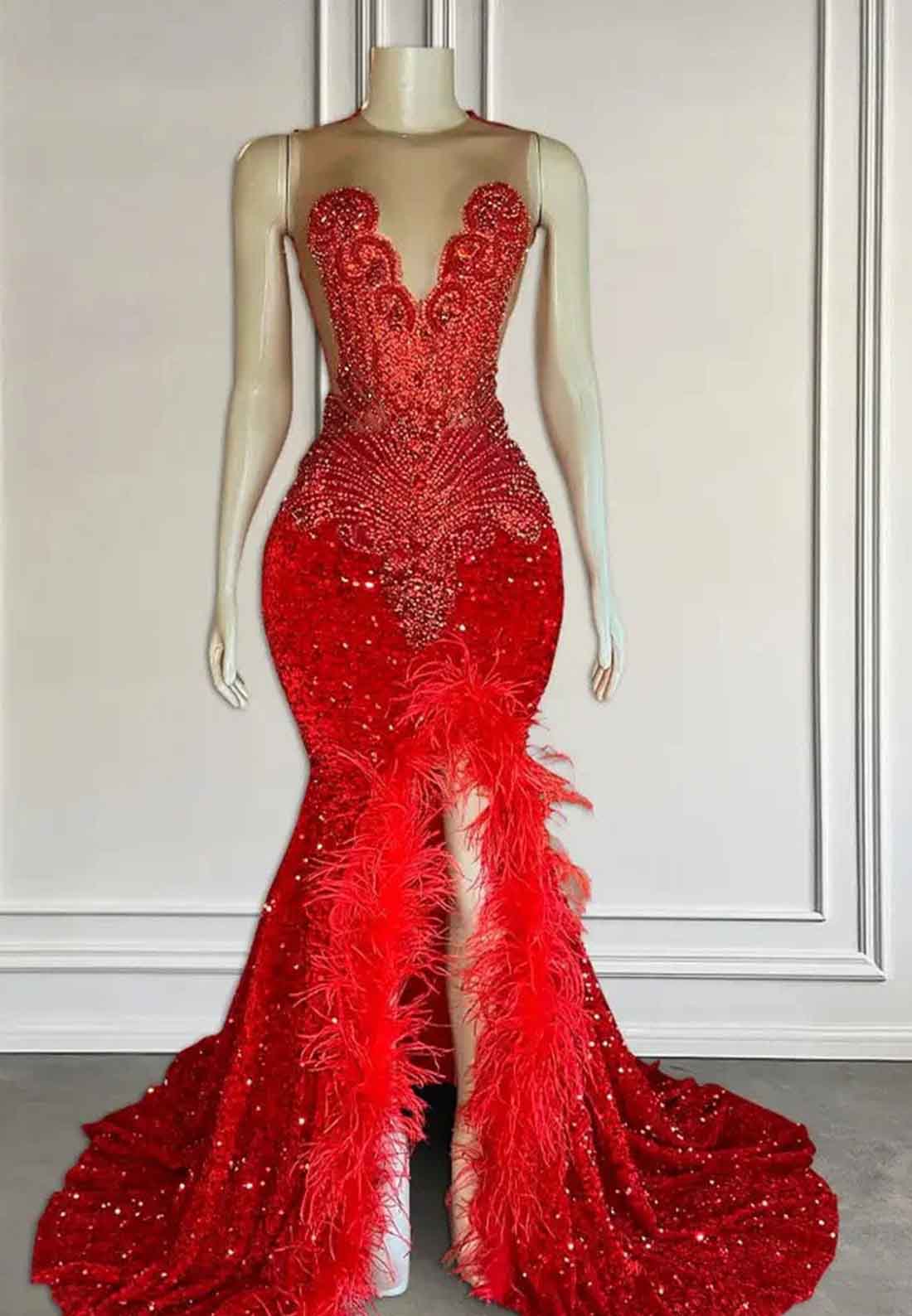 V-Neck Sleeveless Beaded Sequins Feathered Mermaid Prom Dress for Black Girls