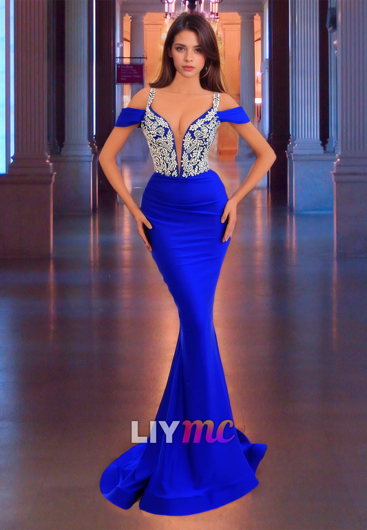 V-Neck Sleeveless Beaded Sleek Fitted Mermaid Prom Dress