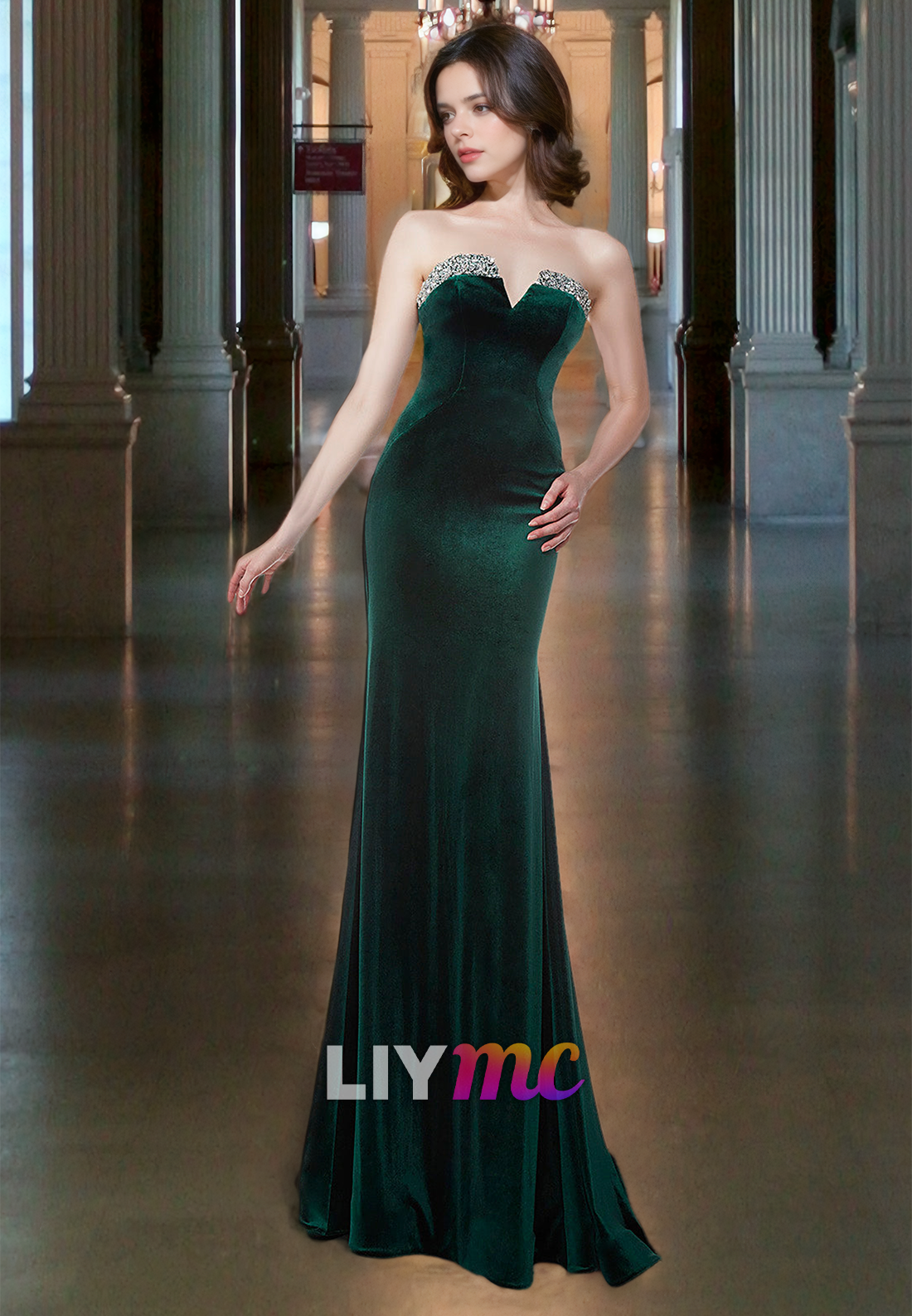 V-Neck Sleeveless Beaded Sleek Mermaid Prom Dress