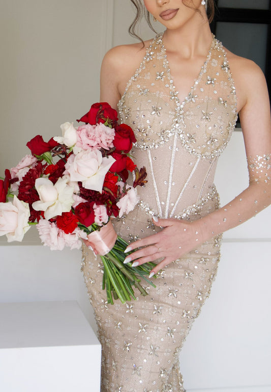V-Neck Sleeveless Beaded Sparkly Mermaid Prom Dress