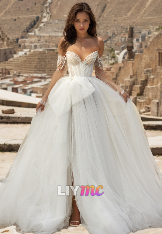 V-Neck Sleeveless Beaded Tulle Ball Gown Wedding Dress