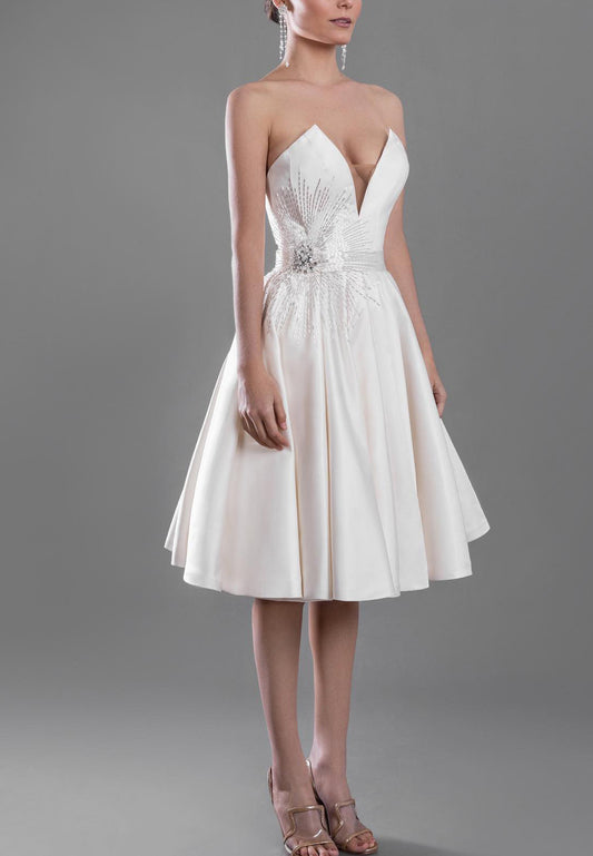 V-Neck Sleeveless Beading Pleated A-Line Midi Wedding Dress