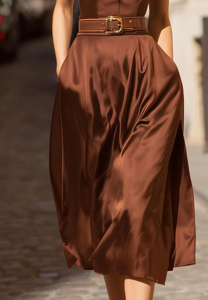 V-Neck Sleeveless Belt A-Line Midi Cocktail Dress