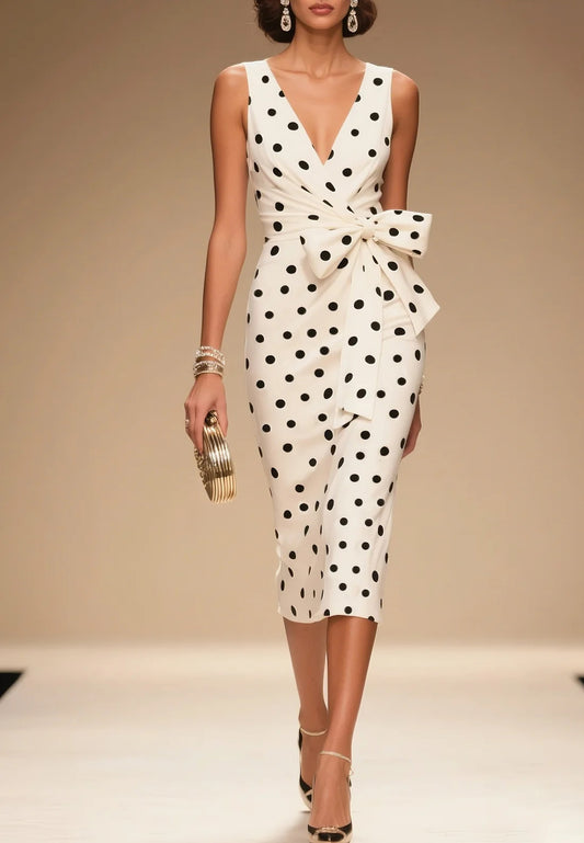 V-Neck Sleeveless Bowknot Polk Dot Sheath Work Dress