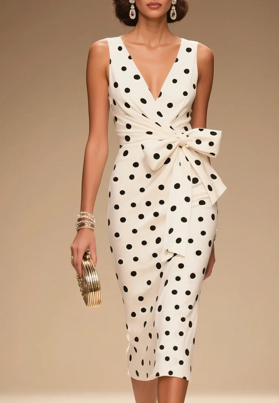 V-Neck Sleeveless Bowknot Polk Dot Sheath Work Dress