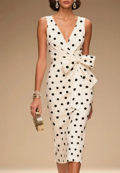 V-Neck Sleeveless Bowknot Polk Dot Sheath Work Dress