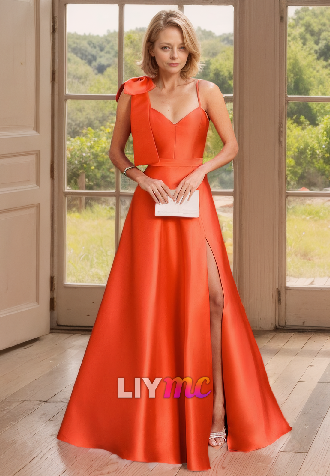 V-Neck Sleeveless Bowknot Sleek Side Slit Satin A-Line Mother of Bride Dress