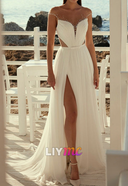 V-Neck Sleeveless Chiffon Pleated Beading A-Line Wedding Dress