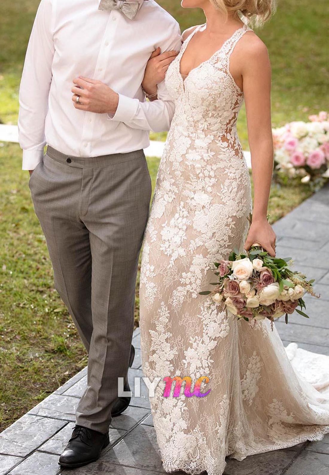 V-Neck Sleeveless Floral Appliques Mermaid Wedding Dress