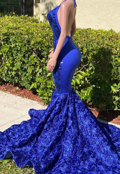 V-Neck Sleeveless Floral Appliques Pleated Mermaid Prom Dress for Black Girls