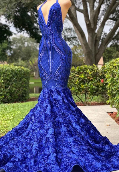 V-Neck Sleeveless Floral Appliques Pleated Mermaid Prom Dress for Black Girls