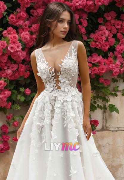 V-Neck Sleeveless Floral Floral Embellished A-Line Wedding Dress