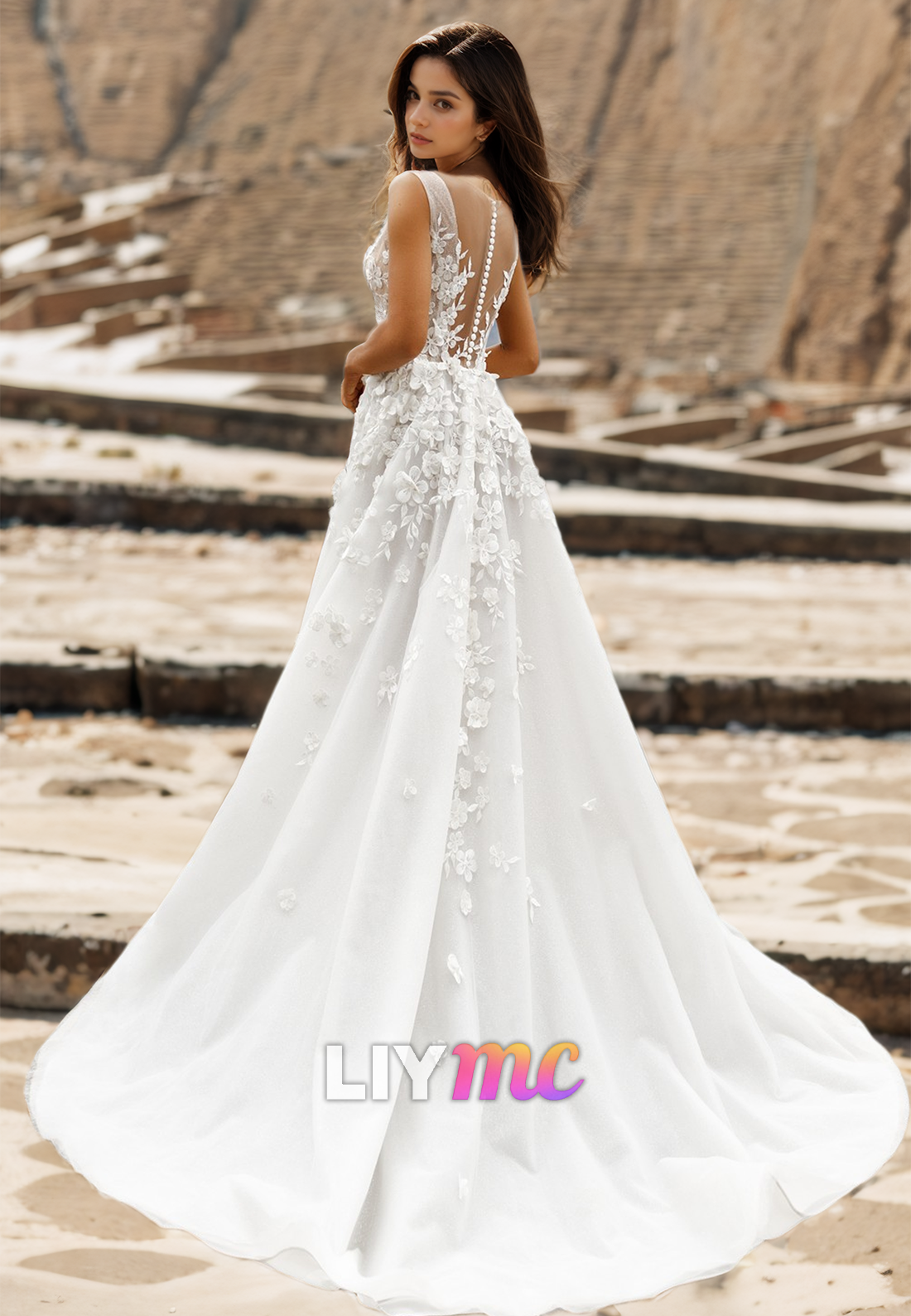 V-Neck Sleeveless Floral Floral Embellished A-Line Wedding Dress