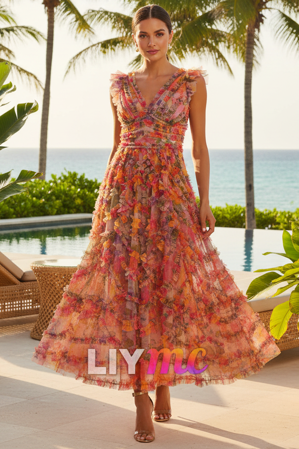 V-Neck Sleeveless Floral Printed A-Line Formal Dress
