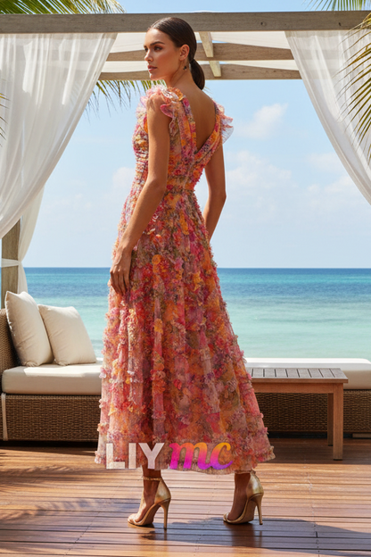 V-Neck Sleeveless Floral Printed A-Line Formal Dress
