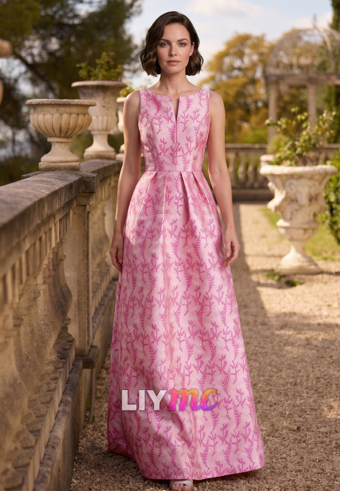 V-Neck Sleeveless Floral Printed Satin Mother of Bride Dress