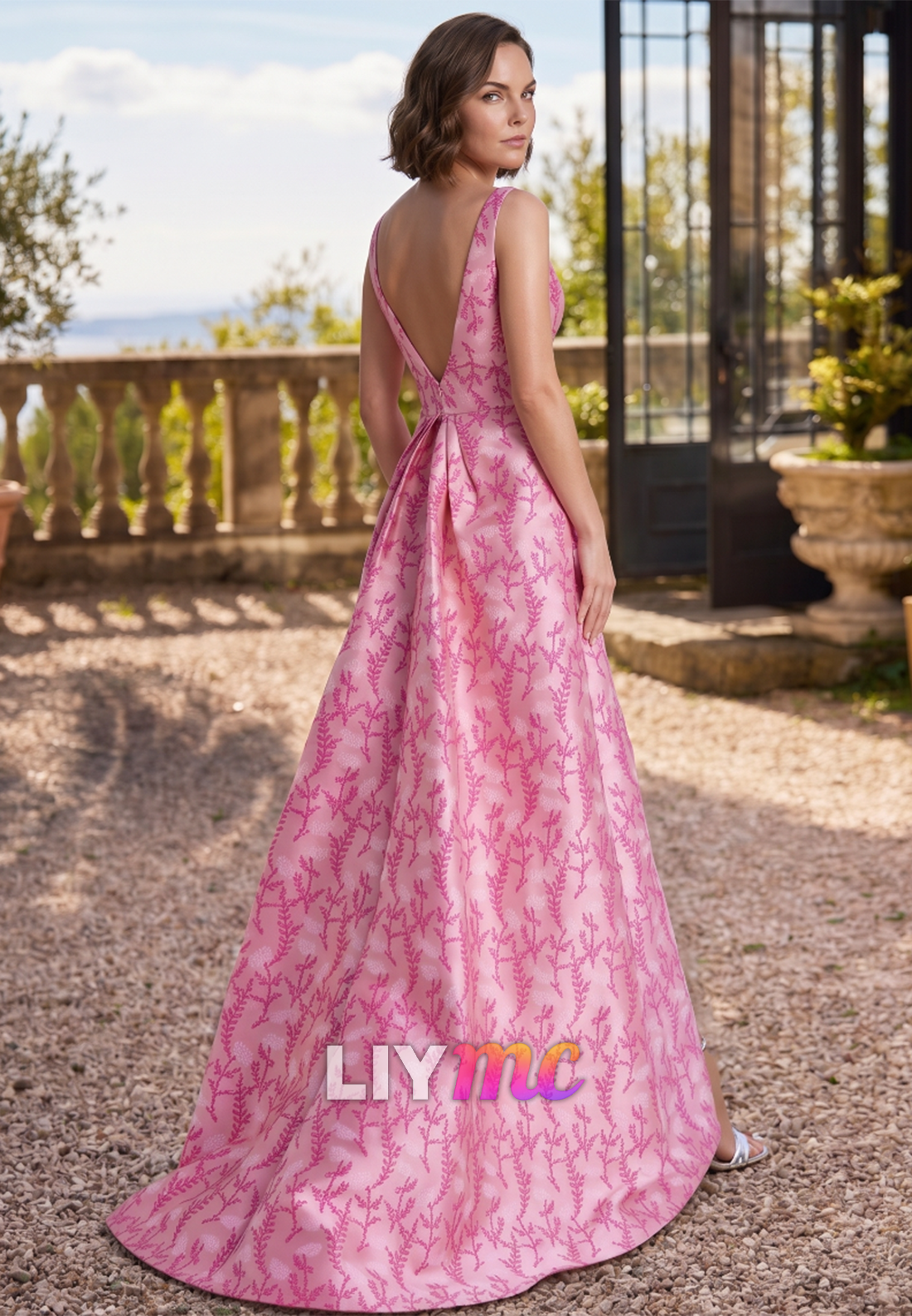 V-Neck Sleeveless Floral Printed Satin Mother of Bride Dress