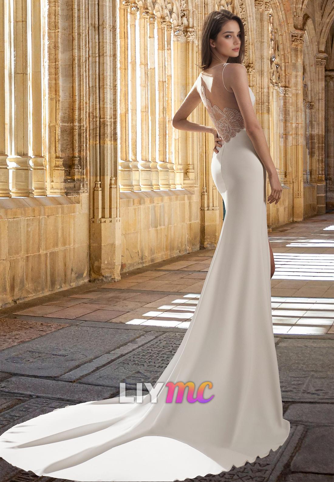 V-Neck Sleeveless Floral Sleek Mermaid Beach Wedding Dress