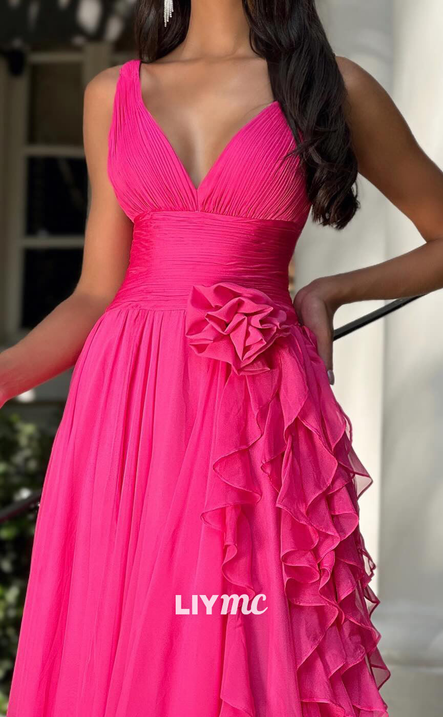 LP2020 - V-Neck Sleeveless Floral Sleek Satin A-Line Prom Dress