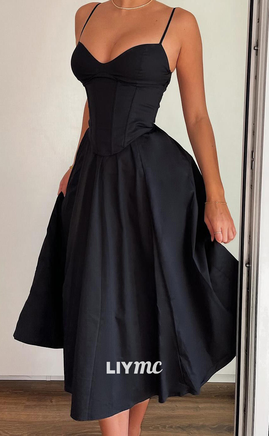 LP2090 - Sweetheart Spaghetti Straps Sleek Pleated A-Line Black Prom Dress