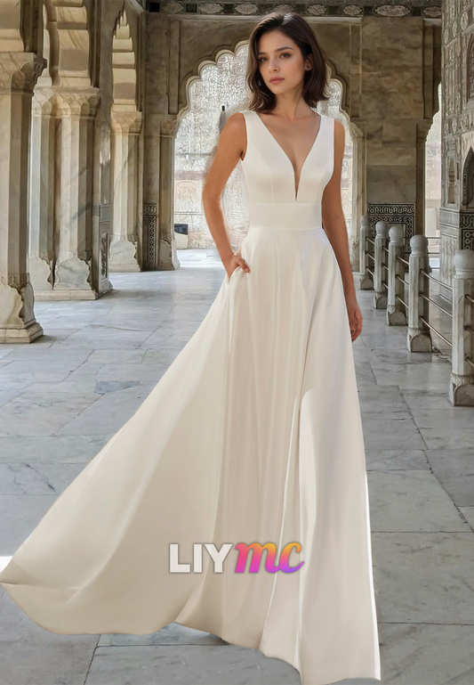 V-Neck Sleeveless Lace-Up Pleated Satin A-Line Simple Wedding Dress