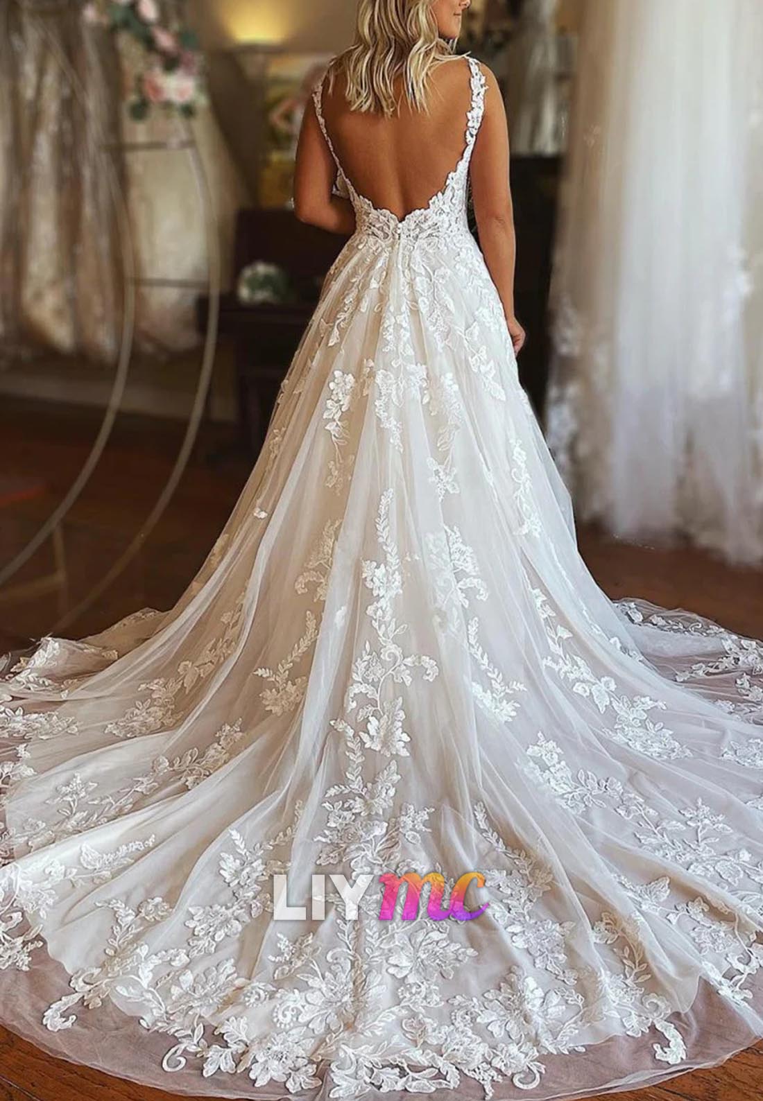 V-Neck Sleeveless Lace Appliques A-Line Wedding Dress