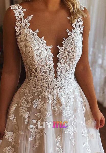 V-Neck Sleeveless Lace Appliques A-Line Wedding Dress