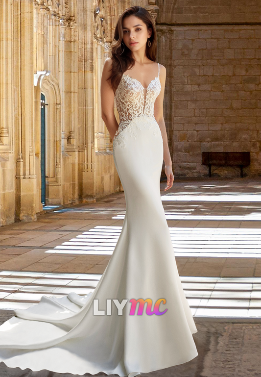 V-Neck Sleeveless Lace Appliques Backless Mermaid Beach Wedding Dress