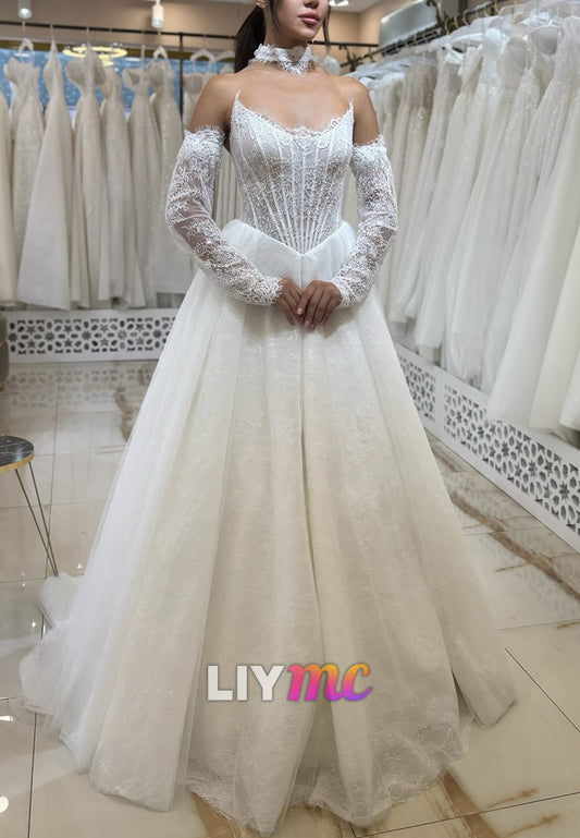 V-Neck Sleeveless Lace Appliques Ball Gown Wedding Dress
