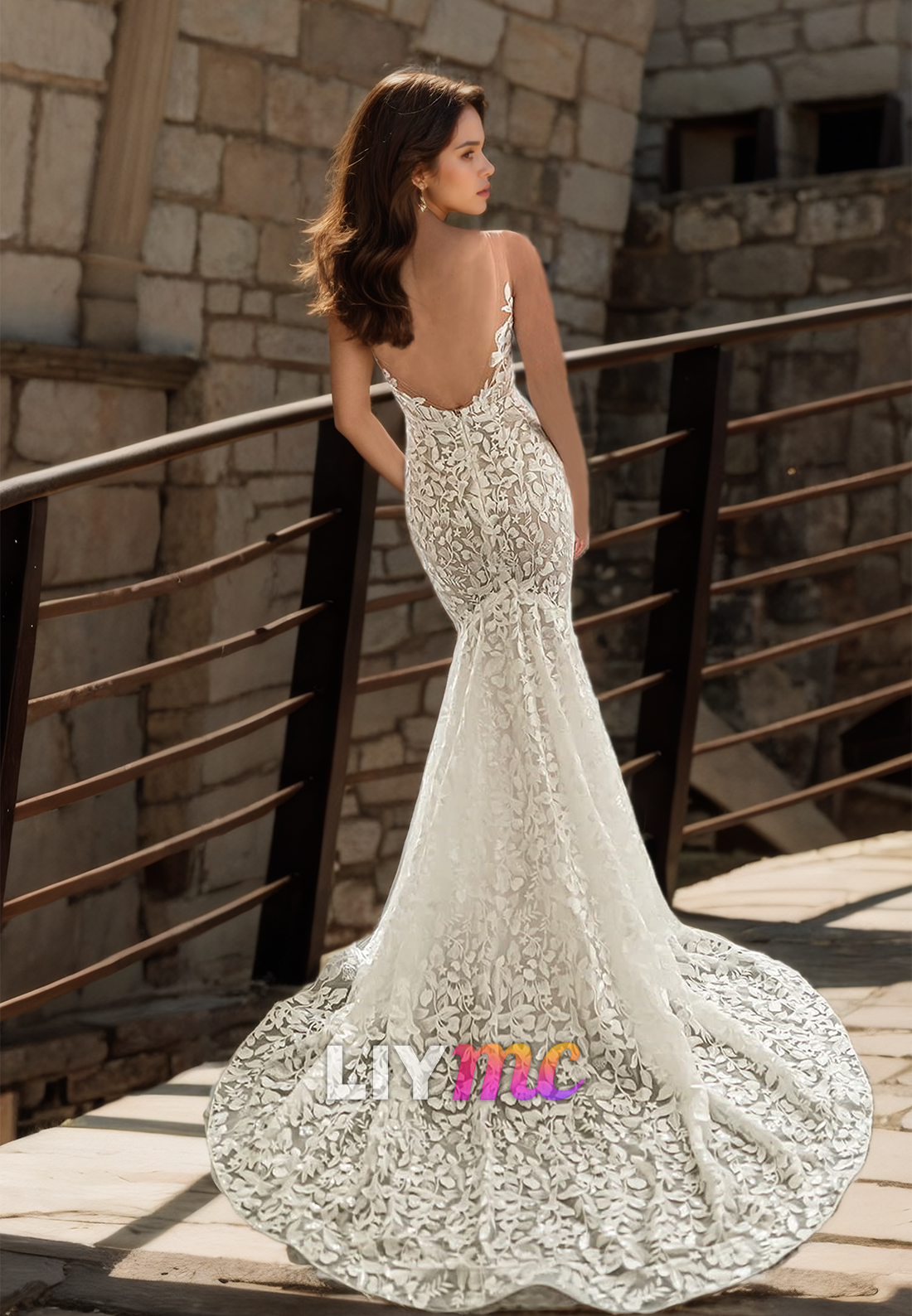 V-Neck Sleeveless Lace Appliques Mermaid Wedding Dress